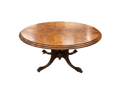 Lot 1405 - Victorian figured walnut and marquetry inlaid oval breakfast table