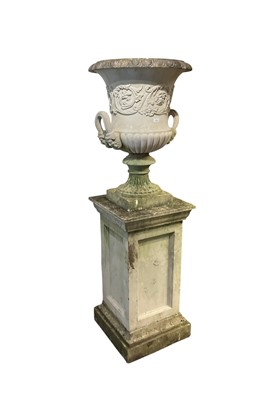 Lot 1521 - Haddonstone reconstituted stone garden urn raised on square pedestal
