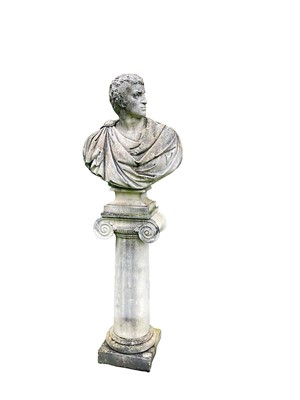 Lot 1520 - Substantial weathered reconstituted stone bust of Brutus, on a column
