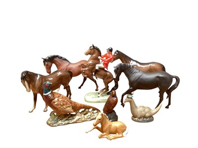 Lot 2272 - Group of Beswick figures, six horses, pheasant and two whisky bottles