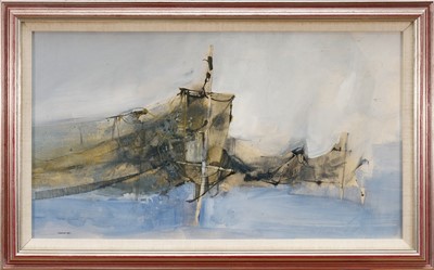 Lot 1215 - *James Morrison (1932-2020) mixed media on board, Coast and nets, signed and dated 1967, together with a letter from the artist to a member of the vendor's family