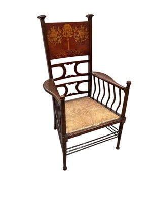 Lot 1404 - Good Art Nouveau mahogany and marquetry inlaid open armchair in the manner of J. S. Henry, London