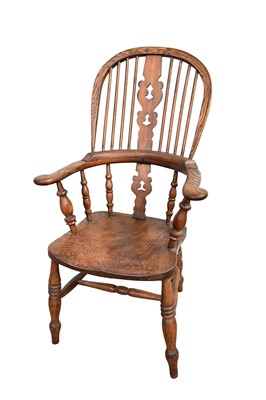 Lot 1432 - Antique ash and elm high back Windsor chair, with pierced splat and solid seat on turned splayed legs