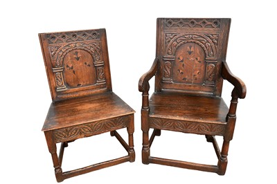 Lot 1434 - 17th century style oak and marquetry wainscot chair, and ensuite side chair, both on turned and block understructure