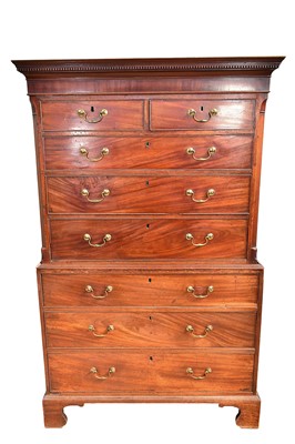 Lot 1437 - George III mahogany chest on chest, of small size, with dentil cornice and having two short over six long graduated drawers on bracket feet, 110cm wide x 57cm deep x 177cm high