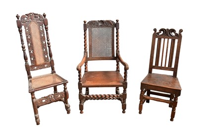 Lot 1441 - Late 17th century carved walnut open armchair, with caned panel back and solid seat on barley twist understructure, a similar walnut side chair and an oak side chair. (3)