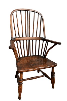Lot 1442 - 19th century ash and elm primitive side chair, stick back and solid seat on ring turned splayed legs and H-shaped stretcher