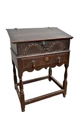 Lot 1461 - 17th century carved oak Bible box on stand, with arcade carved frieze, and shelf to the interior, the associated early 18th century stand with frieze drawer and turned and block understructure 7...