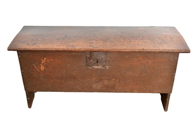 Lot 1479 - 17th century five plank oak coffer, with good colour and early metalwork, raised on V-cut ends, 110cm wide x 39cm deep x 50cm high
