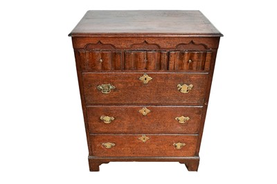 Lot 1480 - Early 18th century oak narrow chest, possibly East Anglian, with three ripple moulded frieze drawers and 74cm wide x 51cm x 99cm high