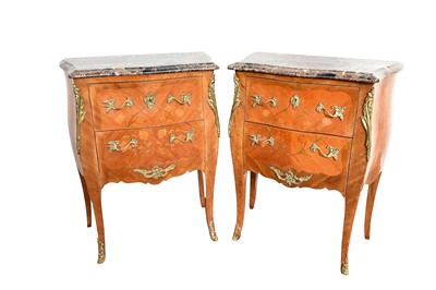 Lot 1483 - Pair of Louis XVI style walnut and marquetry bombe commodes, each with shaped marble top and two floral inlaid drawers on cabriole legs! 64cm wide x 36cm deep x 82cm high