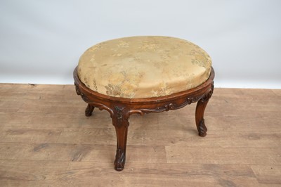 Lot 1484 - 19th century carved rosewood oval stool, with silk upholstered slip in seat on cabriole legs, 50cm wide