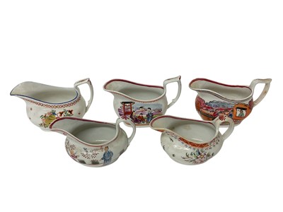 Lot 103 - Five late 18th century New Hall cream boats, decorated with Chinese figures and flowers