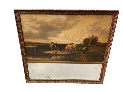 Lot 1488 - 19th century Continental overmantel mirror, with inset painted oil on canvas scene of cattle in a river landscape, apparently unsigned, rectangular mirrored glass below, in moulded gesso fr...