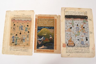 Lot 807 - Three Indo Persian illuminated manuscript leaves, the largest 32 x 21cm