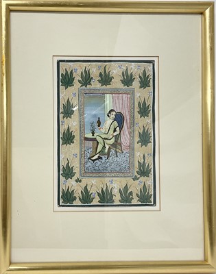Lot 811 - 19th century Indian school gouache of a courtesan, in floral border, 28 x 19cm, glazed frame