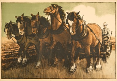 Lot 1279 - *Gerald Spencer Pryse (1882-1956) coloured lithograph, Scenes of the Empire series, Plough Team, signed, 84cm x 125cm, unframed