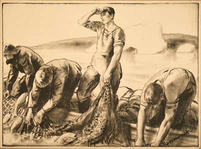 Lot 1280 - *Gerald Spencer Pryse (1882-1956) black and white lithograph, Scenes of the Empire, Newfoundland Fishermen, 92cm x 125cm, unframed