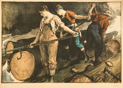 Lot 1281 - *Gerald Spencer Pryse (1882-1956) coloured lithograph, Scenes of the Empire series, Canadian Logging (printer's proof), signed, 84cm x 123cm, unframed