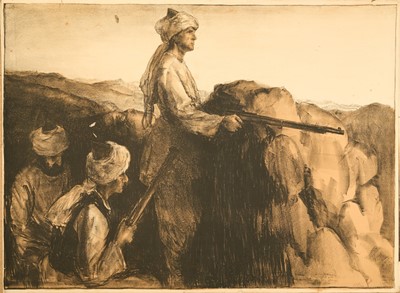 Lot 1282 - *Gerald Spencer Pryse (1882-1956) coloured lithograph, Scenes of the Empire series, Indian Frontier, signed and titled, 91cm x 125cm, unframed