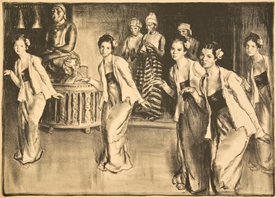 Lot 1283 - *Gerald Spencer Pryse (1882-1956) black and white lithograph, Scenes of the Empire series, Burmese Temple Dancers, signed, 89cm x 125cm, unframed