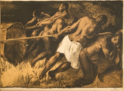 Lot 1284 - *Gerald Spencer Pryse (1882-1956) coloured lithograph, Scenes of the Empire series, Nigerian Timber (printers proof), signed and inscribed, with printing plate order receipt verso, 84cm x 125c...