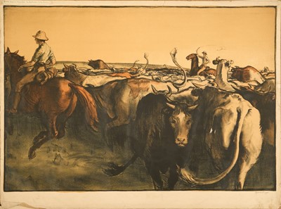 Lot 1285 - *Gerald Spencer Pryse (1882-1956) coloured lithograph, Scenes of the Empire series, Australian Cattle Station, signed and titled, 84cm x 123cm, unfra...