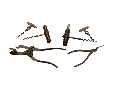 Lot 2948 - Lund Patent two part corkscrew, stamped with the name, address and coat of arms, together with three other corkscrews, and a patent tool