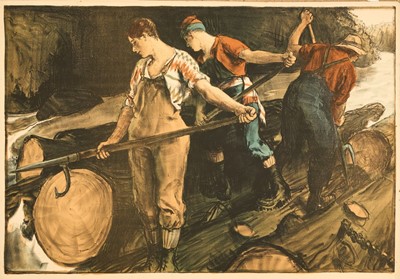 Lot 1286 - *Gerald Spencer Pryse (1882-1956) coloured lithograph, Scenes of the Empire series, Canadian Logging, 84cm x 123cm, unframed