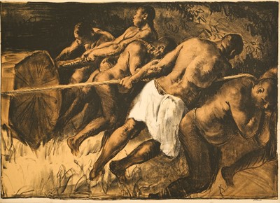 Lot 1287 - *Gerald Spencer Pryse (1882-1956) coloured lithograph, Scenes of the Empire series, Nigerian Timber, signed, 90cm x 126cm, unframed