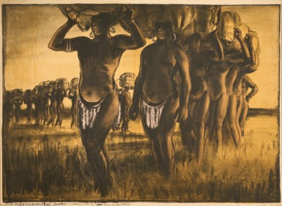 Lot 1288 - *Gerald Spencer Pryse (1882-1956) coloured lithograph, Scenes of the Empire series, Nigerian load carriers, inscribed 'experimental set', 84cm x 123cm, unframed