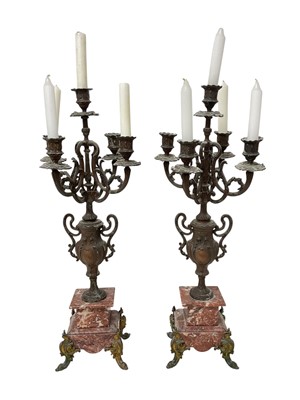 Lot 829 - Pair of Rococo style Continental bronzed and marble candelabra