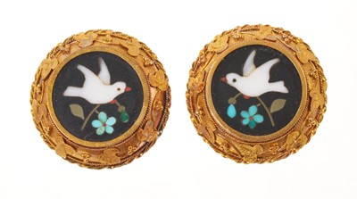 Lot 518 - Pair of Victorian pietra dura earrings, each with a circular panel depicting a white bird with forget-me-nots, in yellow metal setting with applied trailing ivy leaves, 22mm diameter.