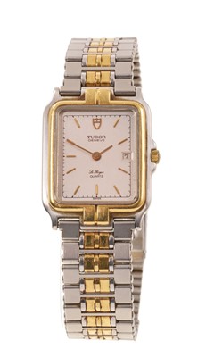 Lot 548 - Gentlemens Tudor Geneve Le Royer Quartz wristwatch, the rectangular steel dial with date aperture and applied gold baton hour markers, gold bezel,and stainless steel case on bi-metal bracelet wi...