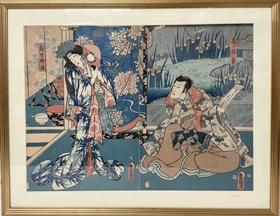 Lot 846 - Two 19th Japanese woodblock prints, depicting kabuki actors, each image 34 x 24cm, presented together in glazed frame