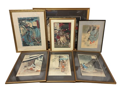 Lot 847 - Group of 19th century Japanese prints including a suite of there prints by Mizuno Toshikata, and a larger print by the same artist; Tsukioka Yoshitoshi - Saka...