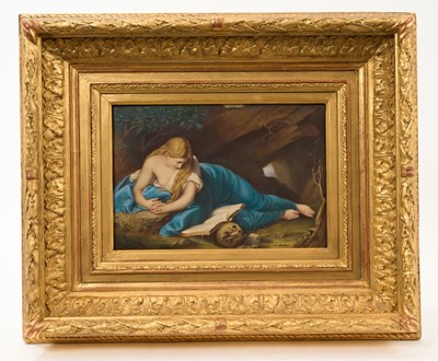 Lot 107 - German painted porcelain plaque, 19th century, possibly KPM Berlin, finely painted with the Penitent Magdalene after Pompeo Girolamo Batoni, inscribed 'm. Battoni', mounted in a giltwood frame,...