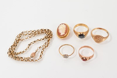 Lot 524 - Four gold rings and a cameo pendant on chain
