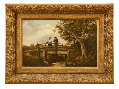 Lot 1332 - Thomas Smythe (1825-1906) oil on canvas - Meeting on the Bridge, signed, 28cm x 45cm, in gilt frame