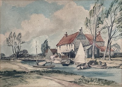 Lot 1297 - Leslie Hardy Moore ink and watercolour - Pleasure Boat Inn, Hickling, Norfolk Broads, indistinctly signed, in glazed frame