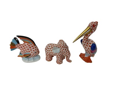 Lot 114 - Herend porcelain models of a pelican, elephant, and a fish, the largest 8.5cm high