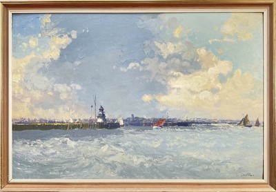 Lot 1299 - *Geoffrey Chatten (1938-2025) oil on board, Boats off the Gorleston pier, signed, inscribed verso, 60 x 90cm, framed