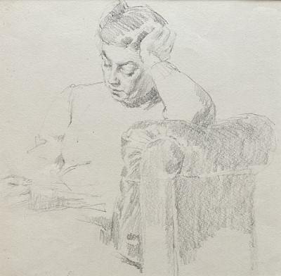 Lot 137 - 20th century pencil portrait study of a seated woman reading, 24cm x 24cm, mounted, unframed