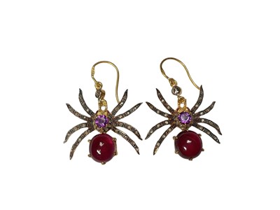 Lot 1 - Pair of novelty ruby, amethyst and diamond spider earrings