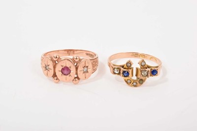 Lot 684 - Victorian 9ct gold ring with seed pearl and paste set horseshoe design, Birmingham 1899, ring size M½, and a Victorian style 9ct rose gold ruby and diamond ring, ring size O. (2)
