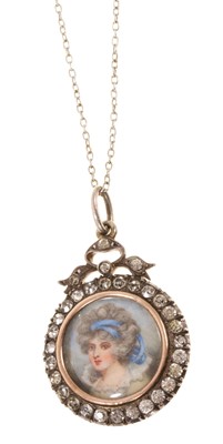 Lot 685 - Antique paste set portrait locket with a circular ivory portrait miniature of an 18th century style lady in a double sided silver and paste set locket, 38mm x 24mm diameter, on a silver chain. A...