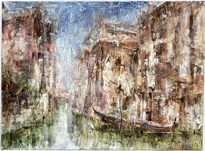 Lot 43 - Impressionistic view of Venice, oil on canvas, signed T. Rossi, 20th century, together with a smaller landscape, both unframed (2)