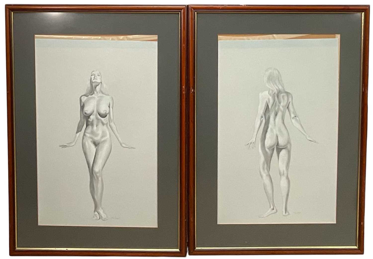 Lot 35 - McLaren, 20th Century, Standing nude studies, front and back, pencil heightened with chalk on blue card, signed, 75cm x 47cm, glazed frames (2)