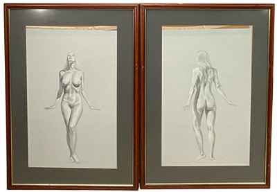 Lot 35 - McLaren, 20th Century, Standing nude studies, front and back, pencil heightened with chalk on blue card, signed, 75cm x 47cm, glazed frames (2)