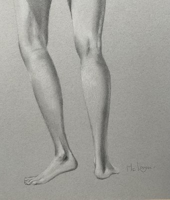Lot 35 - McLaren, 20th Century, Standing nude studies, front and back, pencil heightened with chalk on blue card, signed, 75cm x 47cm, glazed frames (2)
